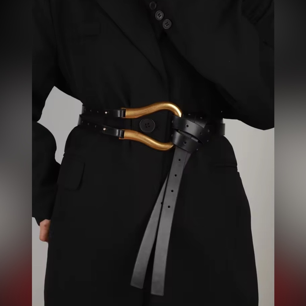Black Vegan Leather Belt with Gold Tone Curved Buckle - Picture 3 of 10